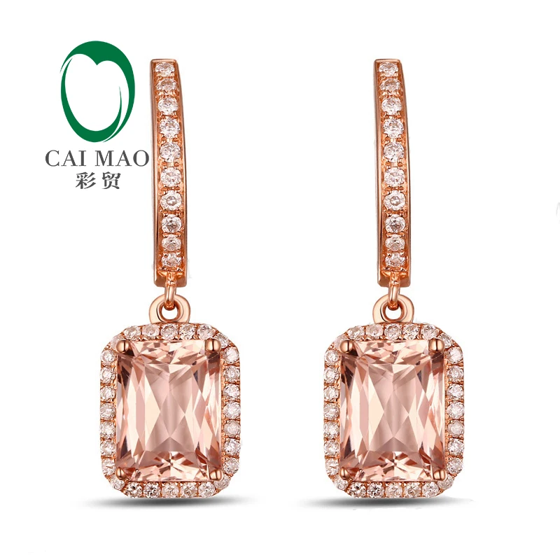 Caimao 2.77ct Morganite Diamond Drop Dangle Earrings Real 14kt Rose Gold