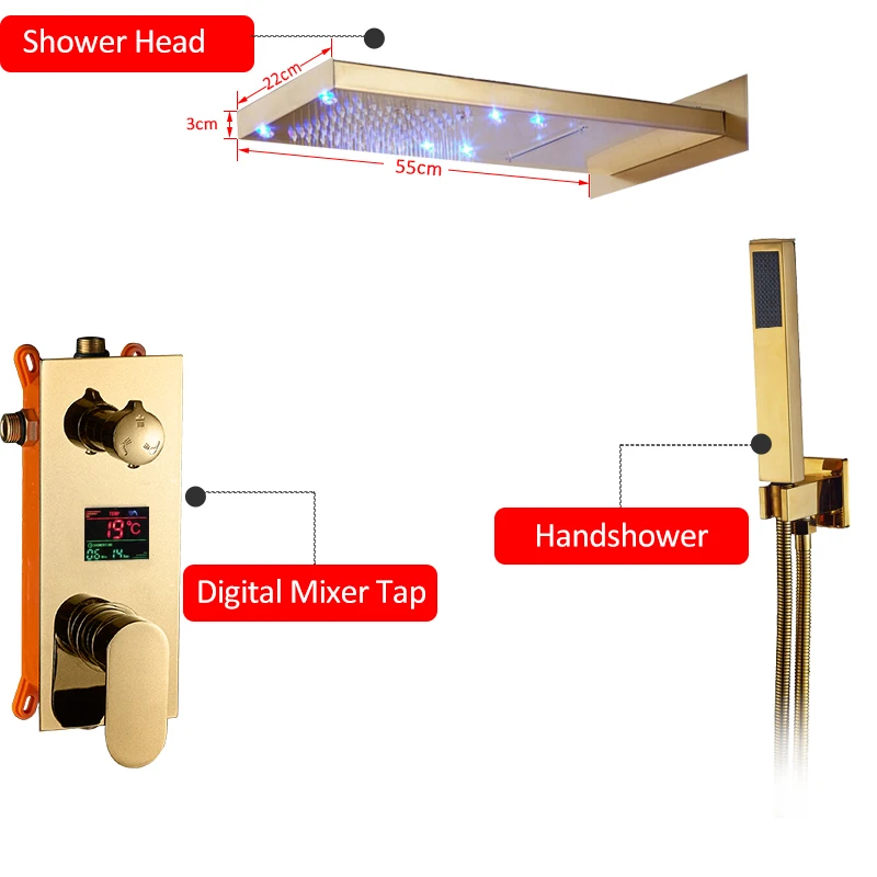 Смеситель для душа Наборы цифровой Дисплей Настенные дождь водопад Насадки для душа хром душевой смеситель с ручным душем - Цвет: Golden