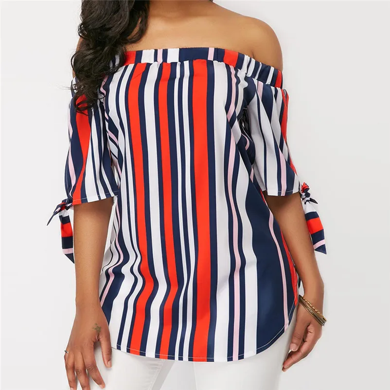 Fashion womens tops and blouses summer 2018 Casual Off Shoulder Bandage Stripe Printed Tops Blouses Shirts camicette Y30#N  (7)