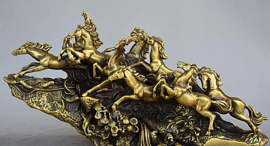 

12" Chinese Feng Shui Bronze Nine Horse Horses Success Running Pine Tree Statue