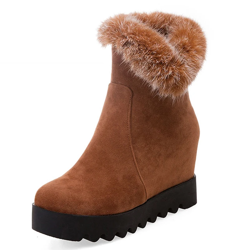 

Plus Size 34-43 Hidden Wedges Short Boots Rabbit Fur Charm Shoes Woman Flat Sole Platform Skid Proof Fall Winter Ankle Boots