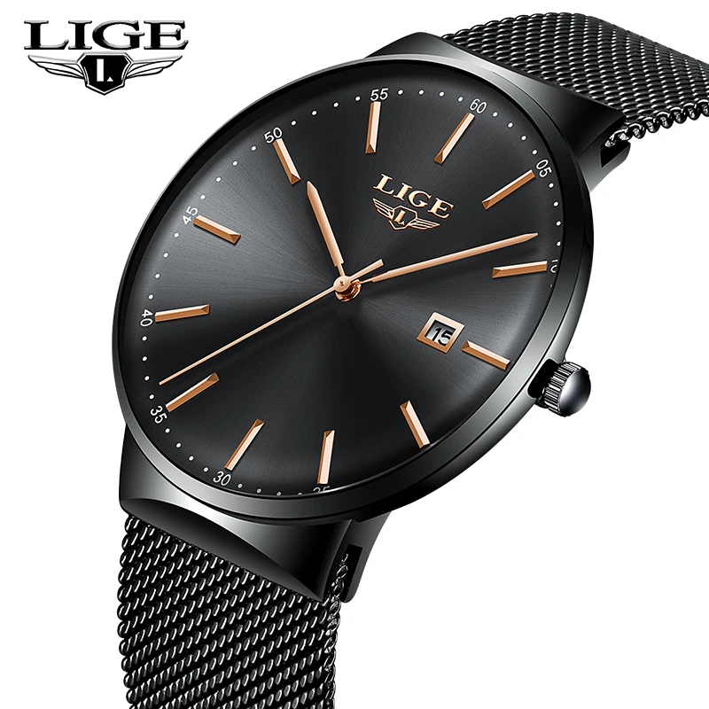

LIGE Men's Watches Top Brand Luxury Watch Men SportsQuartz Watch Stainless Steel Mesh Strap Ultra Thin Dial Date Waterproof cl