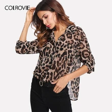 COLROVIE накладной карман изогнутые асимметричный кнопку блузка с леопардовым принтом Для женщин Весна рубашка с длинными рукавами женские офисные Топы