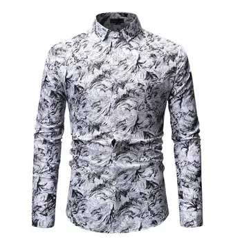 

Leisure Stage Mens Shirts Plant flower Hawaiian Shirt Floral Blouse Men Long sleeve Slim White Red Blue