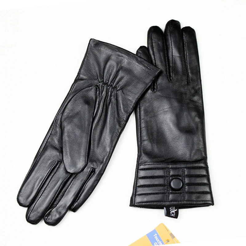 Sheepskin Gloves Women's Touch Screen Gloves Fashion Button Style Thin Velvet Lining Autumn Warmer Genuine Leather Gloves Sheepskin Gloves Women's Touch Screen Gloves Fashion Button Style Thin Velvet Lining Autumn Warmer Genuine Leather Gloves