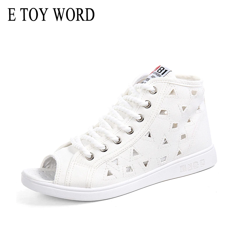 

E TOY WORD womens canvas shoes Peep toe summer black white sneakers breathable trainers shoes women lace-up casual shoes