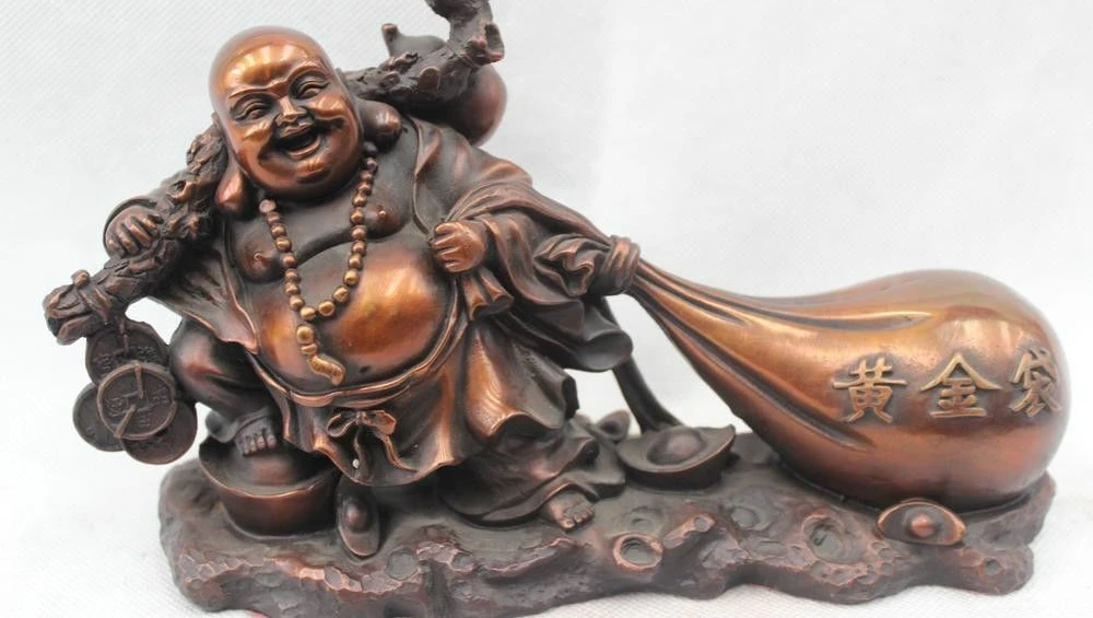 

5"Chinese Folk Culture Handmade Brass Bronze Statue Lucky Money Maitreya Buddha