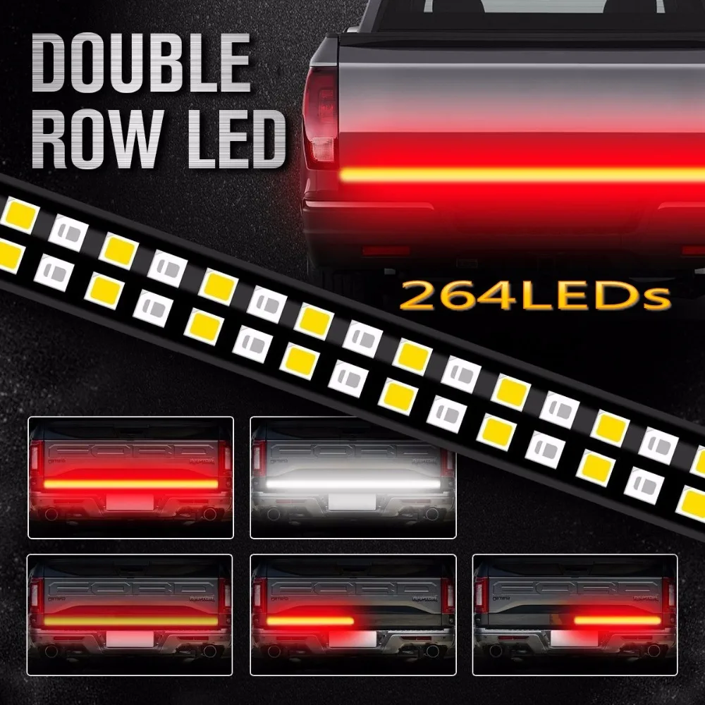 

60" 2-Row LED Truck Tailgate Light Bar Strip Red/White Reverse Stop Turn Signal Running for Pickup SUV RV Trailer (264leds)