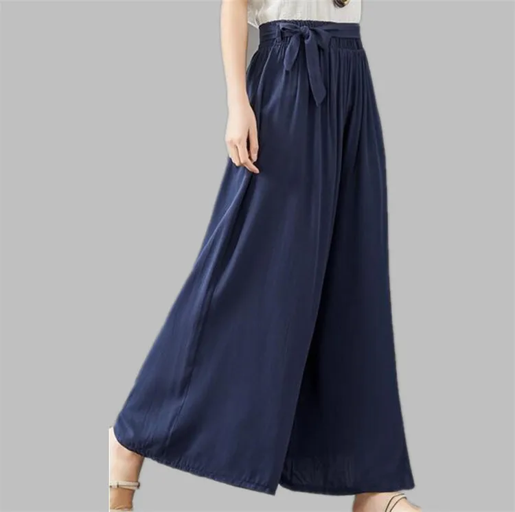 

2019 Summer thin wide leg pants Korean full long cotton linen pants with belt plus size skirts pants 5XL 6XL 7XL black wine blue
