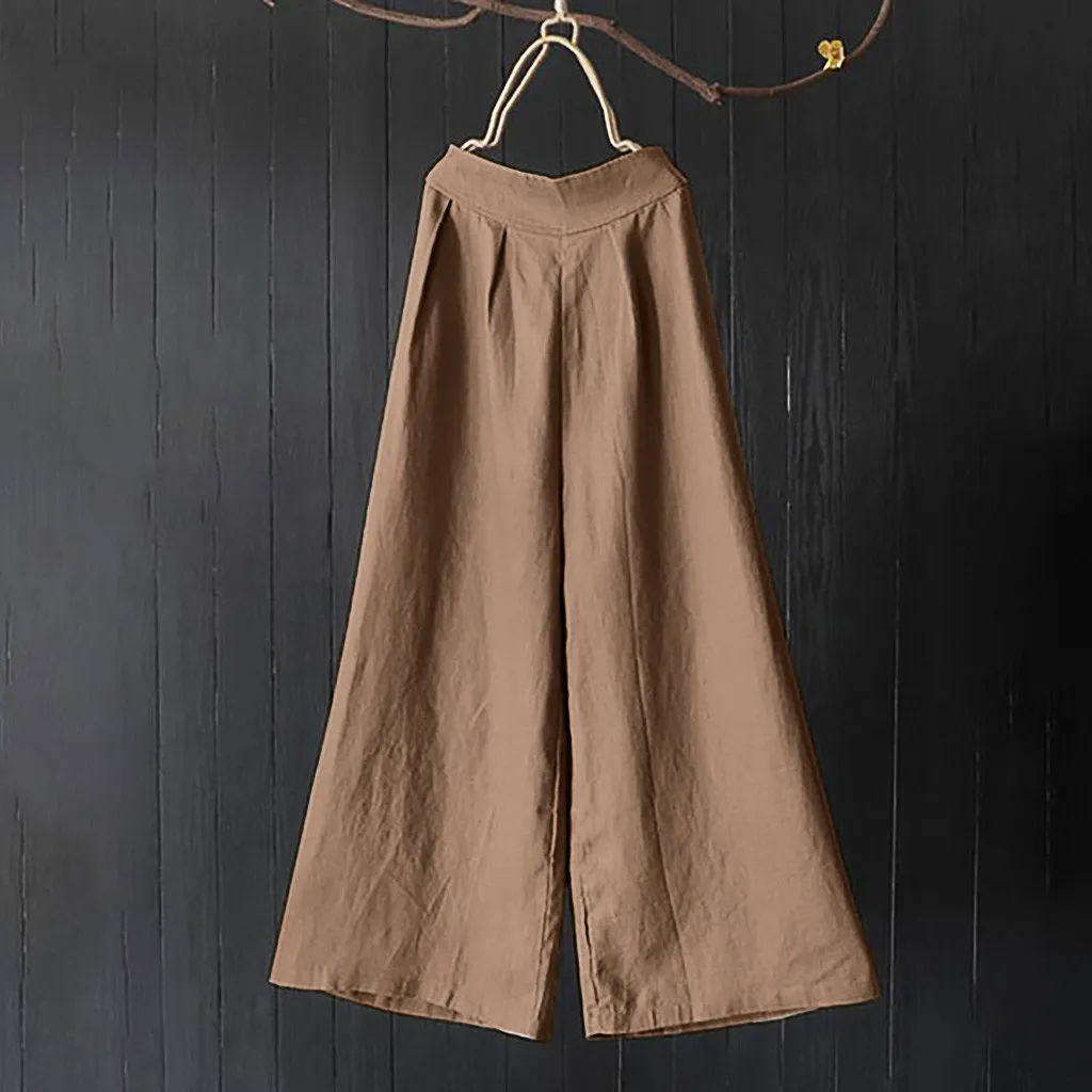 

Ladies High-waist Cotton Flax Slack-size Casual Wide-legged Pants Solid Color Khaki Gray Black Beige Elastic Loose Soft Trousers