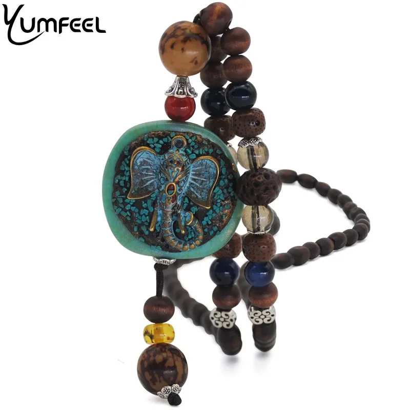 

Yumfeel New Vintage Necklace Jewelry Handmade Wooden Beads Elephant Pendants Necklace Women Gifts Jewelry
