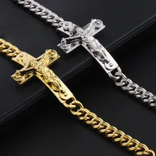 Мужской браслет-цепь крест Иисуса Христа Золотая цепь Цвет религиозная нержавеющая сталь Jewelry высокое качество подарок для Для мужчин SL004