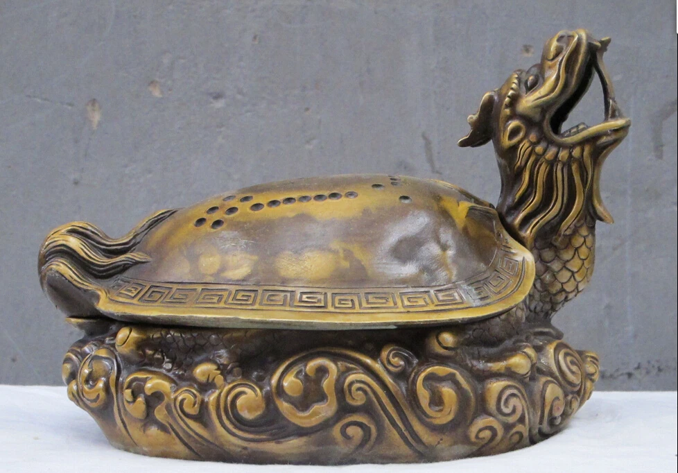 

9.5"China Feng shui Bronze gilt Dragon Turtle Tai Ji inkstone inkslab statue