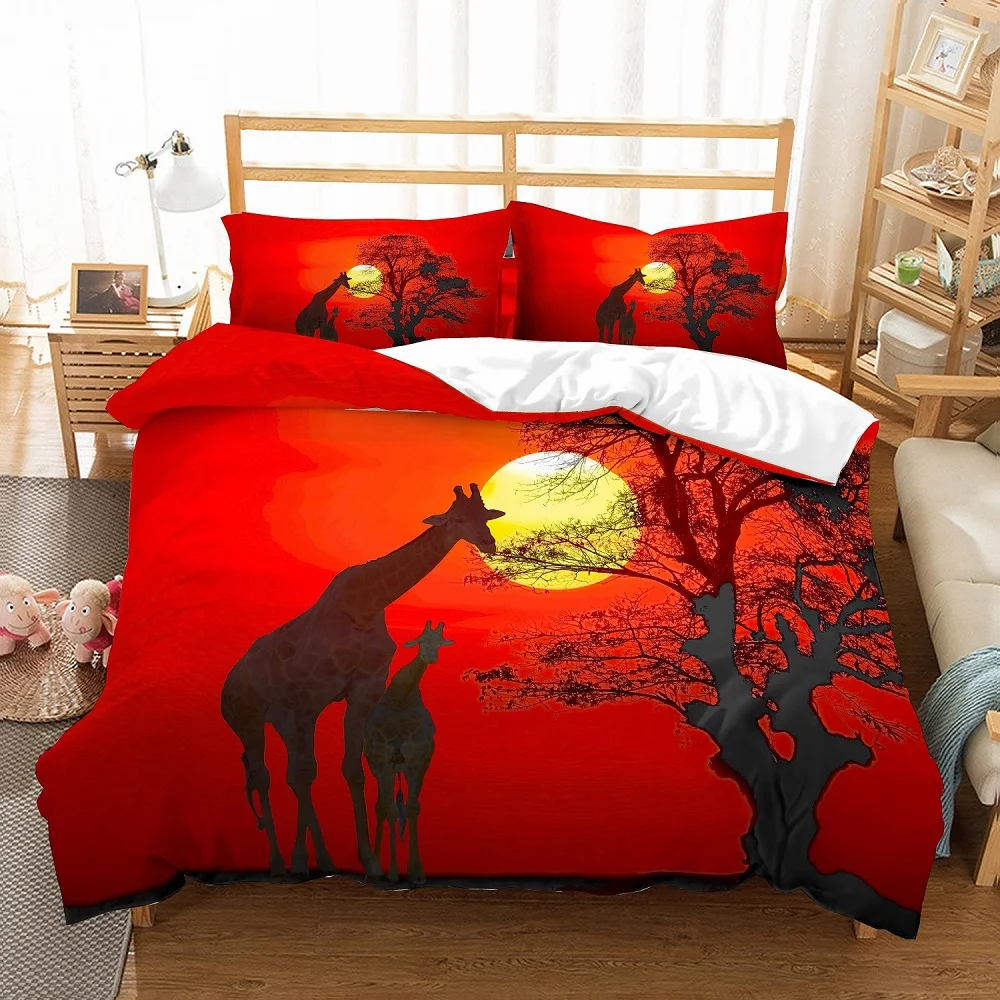 

3PCS Teens Home Bedding Set with 2 Pillowcase 3D Printed Giraffe Mother and Baby Besides Tree by Sunset Red Duvet Cover Set