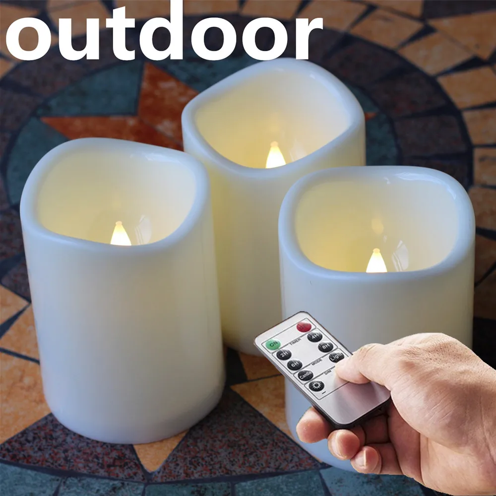 3pcs Outdoor Flameless Battery Opeated Plastic LED Pillar Candles With