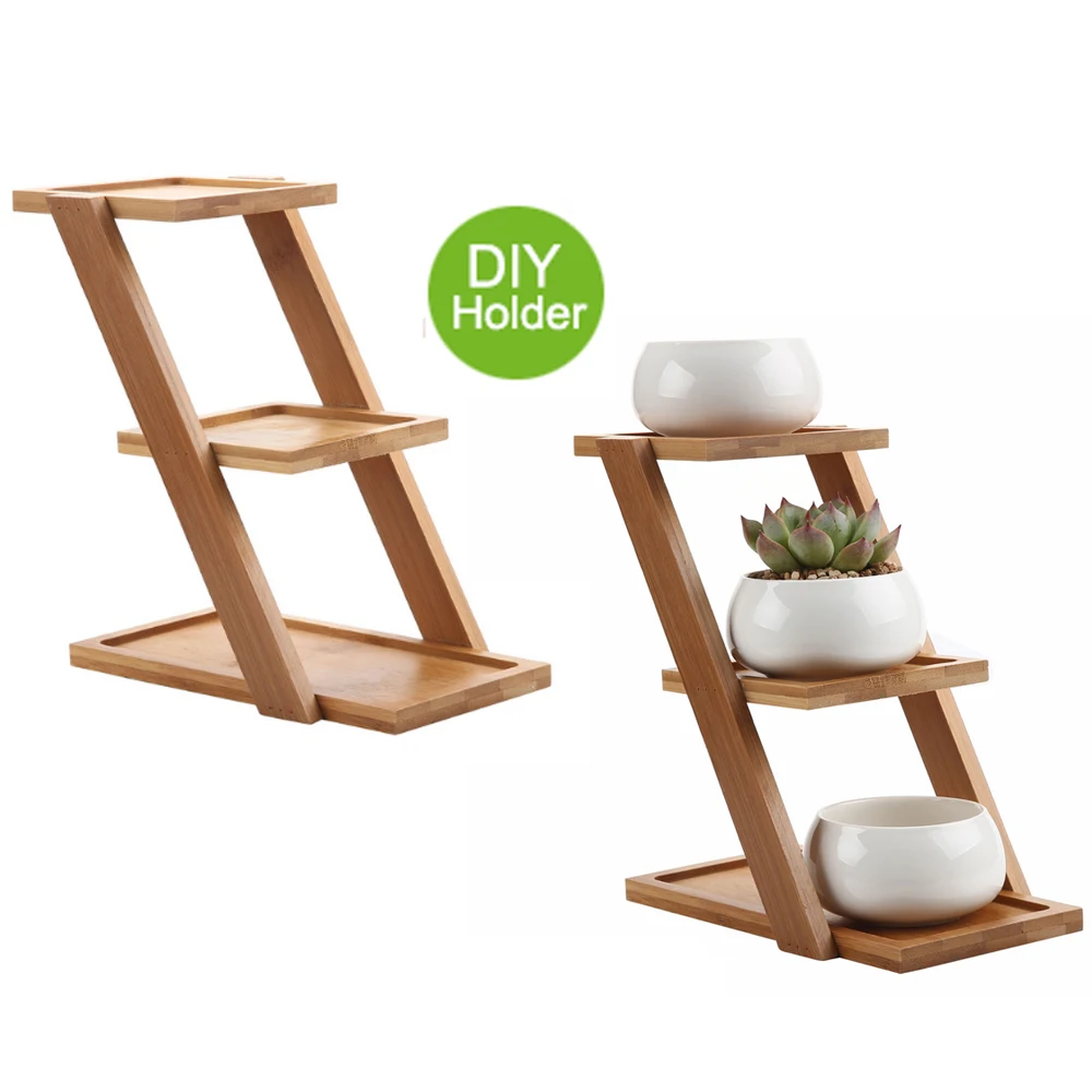 

T4U succulent planter bamboo Plant Stand Shelf Holds 3 Flower Pot air Planters Holder Planters Stand with maceta bonsai pots