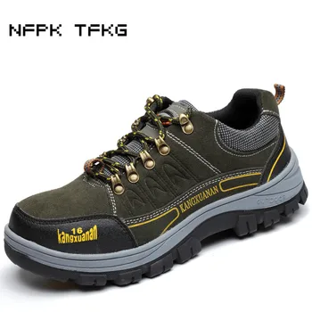 

men's fashion large size breathable steel toe caps work safety shoes comfort cow suede leather non-slip anti-puncture boots lace
