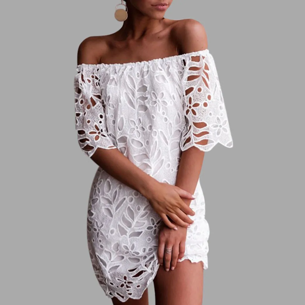 

Womail Slash Neck Hollow Out Design Solid Color Elegant Sleeveless 2019 Summer Party Holiday Lace New Women Dress 19APR24