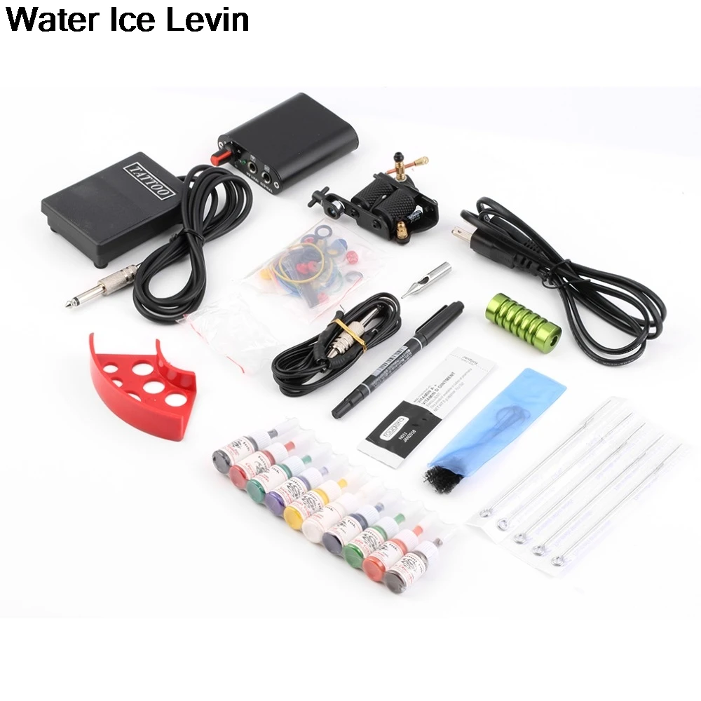 Водный ледяной Левин наборы для тату Pro пистолет для татуажа педаль питания 10 цветов наборы чернил Электропитание одноразовые иглы ручка наконечник