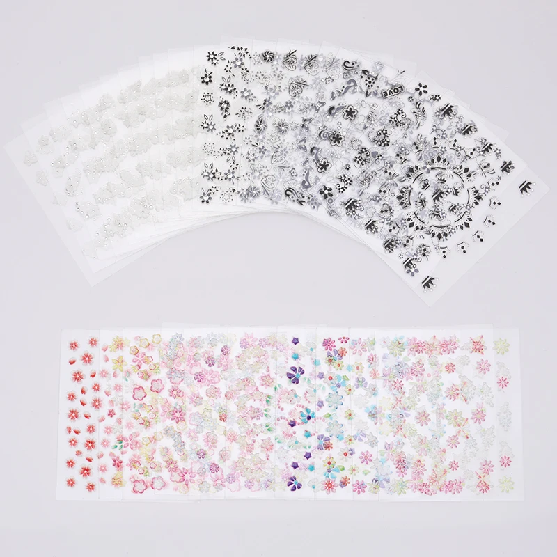 

Nail Stickers Colorful White Black Flowers Nail Transfer Decals Mixed Pattern Adhesive 3D Tips DIY Nail Art Decorations