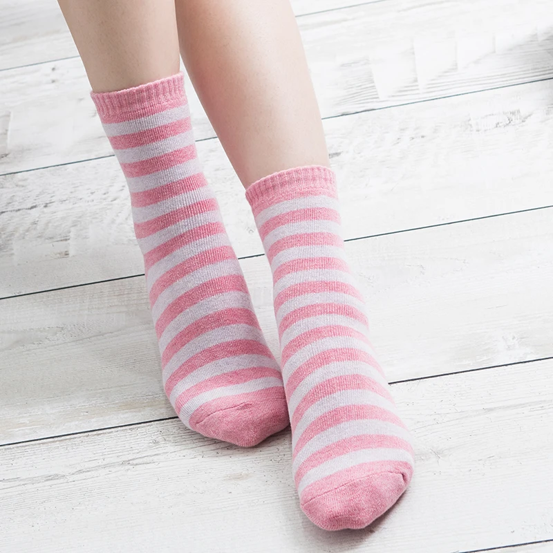 2 Pairs/Lot Women Thicken Warm Terry Cotton Striped Long Tube Socks