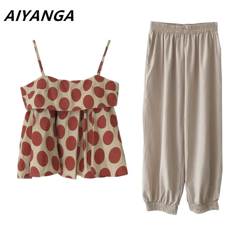 

AIYANGA Women Cotton Two Pieces Set Polka Dot Strapless Cropped Tops Elastic Waist Pants Sets Casual Summer Beach Set 2018 New