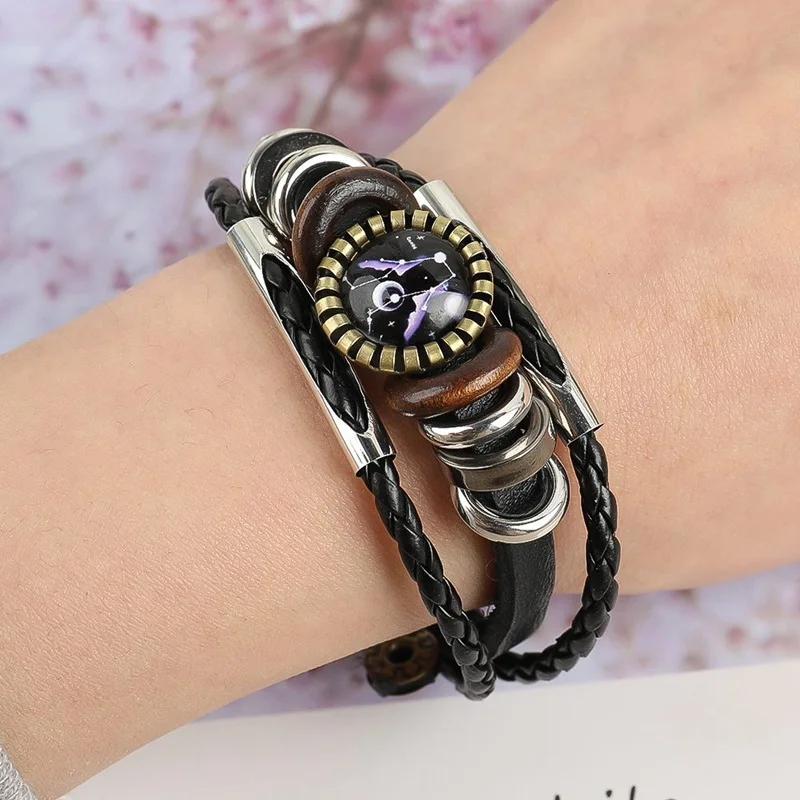

NEW 12 Constellation Handmade Bronze Leather Bracelets For Women Weave Multi Layer Punk 12 Zodiac Couple Charms Bracelet Jewelry