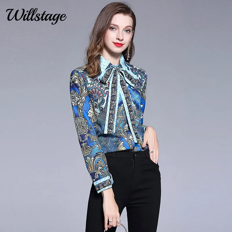 Willstage 2019 Осенняя женская рубашка с принтом павлина Цветочный узор Блузка бантом