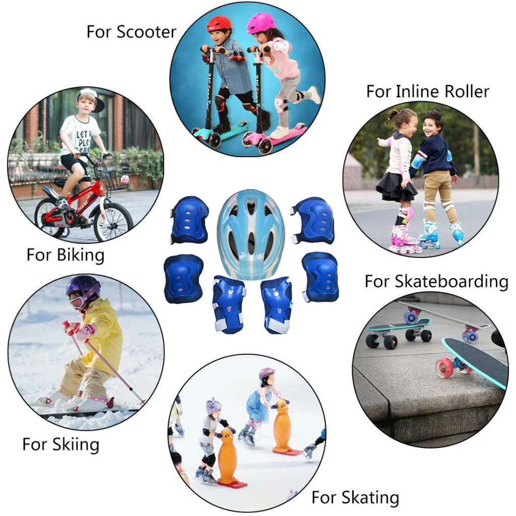Child's 7Pcs Cycling Roller Skating Protective Gear Set 58-62cm Safety Helmet+Knee&Elbow Pads+Wrist Guards Kids Protective Gear