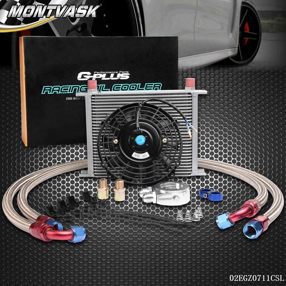 Universal 28 Row Engine Transmission 10AN Oil Cooler KIT+ 7" Electric