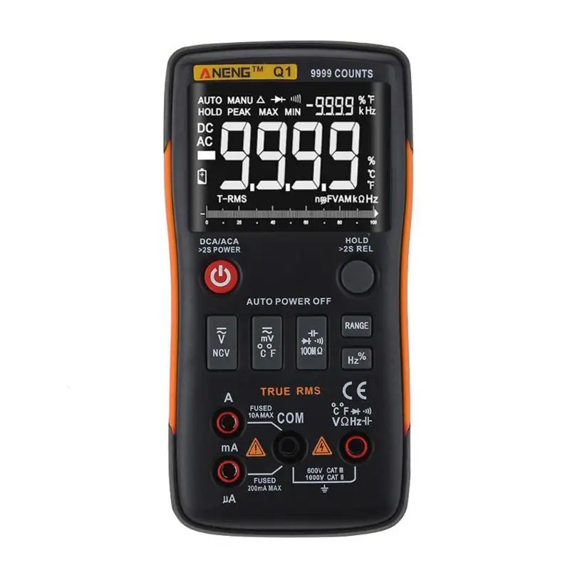 

Q1 True-RMS Digital Multimeter Button 9999 Counts with Analog Bar Graph Temperature AC/DC Voltage Current Ohm Ammeter Meter