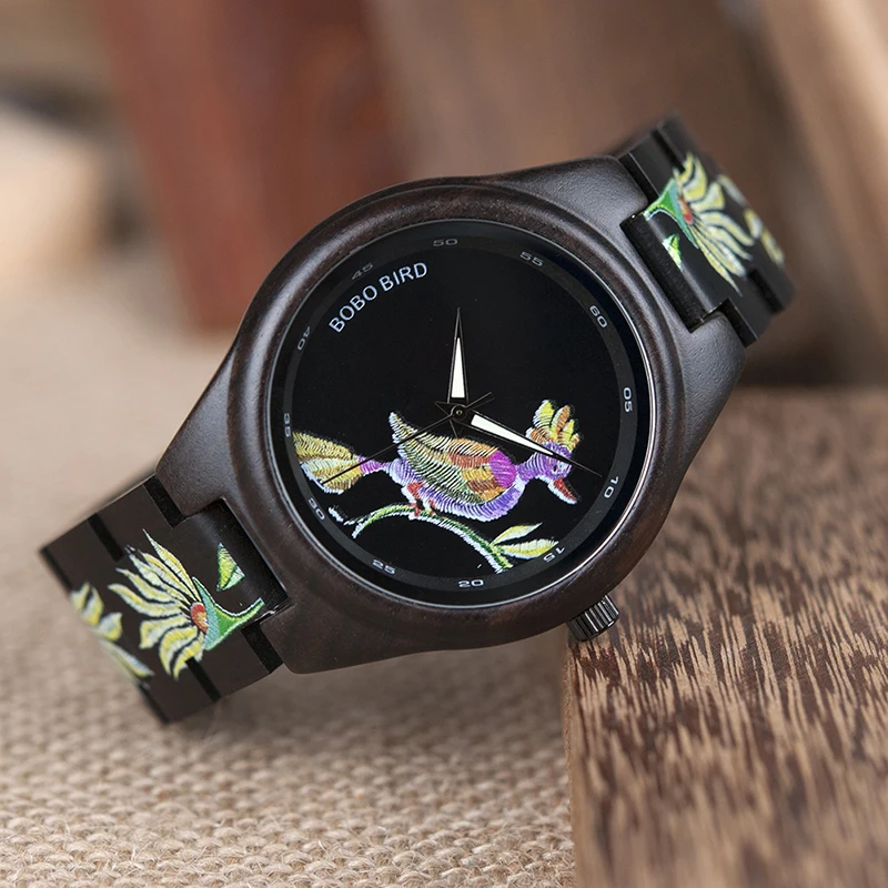 BOBO BIRD Fashionable Embroidery Series Mens Watch Broderie Dial All Ebony Wood Watches in Wooden Gift box