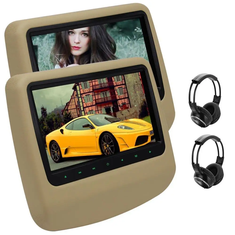 

2 pcs Car pc Headrest DVD Players Touch Button Dual Backseat Monitors USB/SD IR/FM Transmitter/32 Bit Game,Pair of IR Headphones