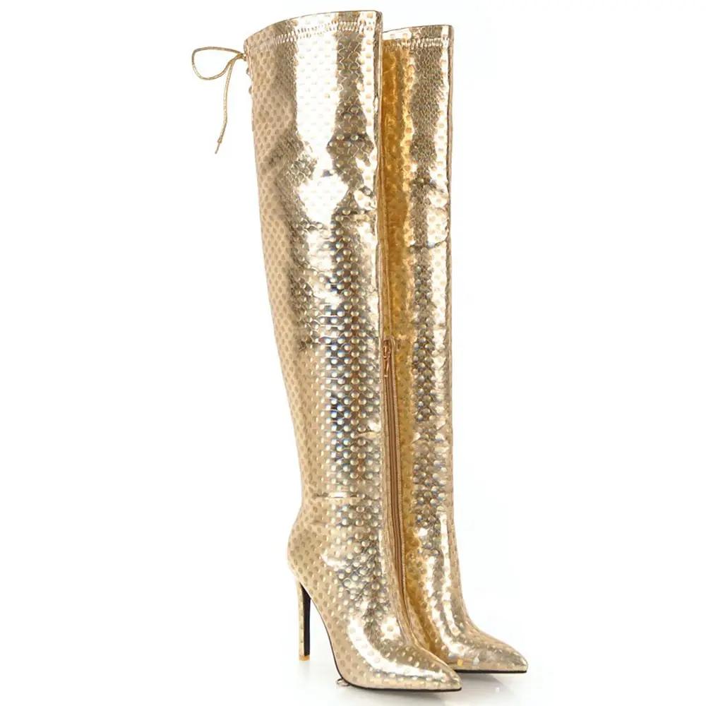 Lloprost ke/осенне-зимние блестящие ботфорты выше колена на тонком каблуке с острым носком женская обувь серебристого и золотого цвета высокие сапоги на молнии D406 - Цвет: Золотой