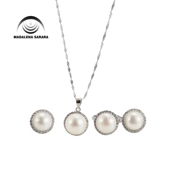 

MADALENA SARARA AAA 8mm Freshwater Pearl S925 Plated pendant chain Necklace Jewelry Set