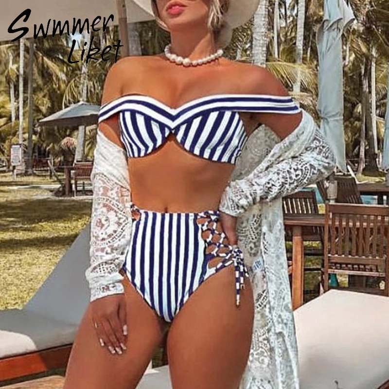 Günstig Gestreiften badeanzug frauen Hohe taille bikini set Off schulter bademode 2019 Spitze up badeanzug Sexy zwei stück anzug push up badenden