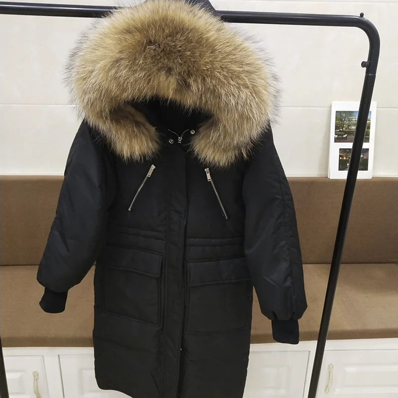 Большая Зимняя парка с воротником из натурального меха енота, женская зимняя куртка, женская теплая длинная куртка с капюшоном на белом утином пуху, плотное пальто