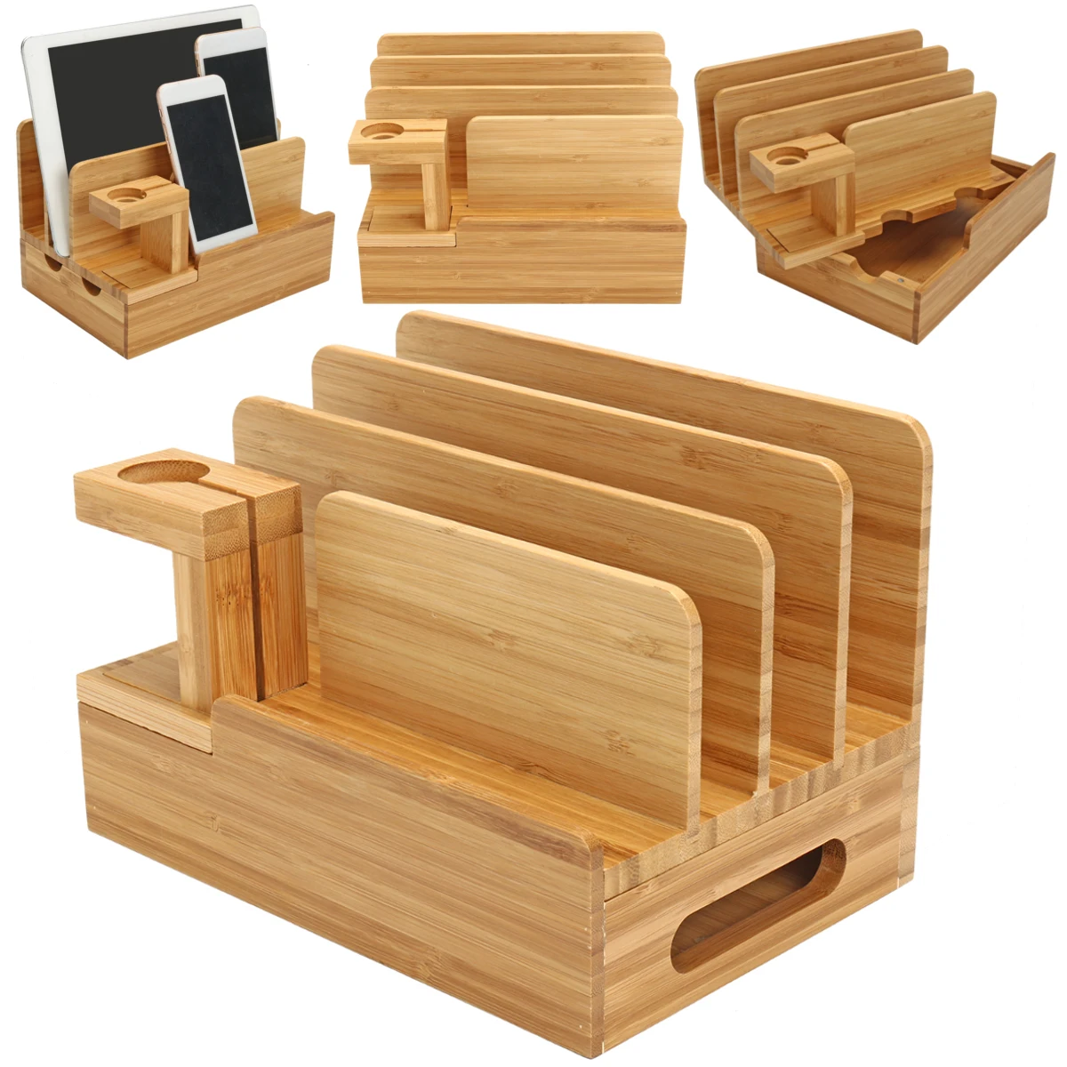 

21.5x14.8x14.5cm Bamboo Charging Dock Watch Stand Phone Holder Smart Electronics Home Storage Box For Phone Tablet Organizers