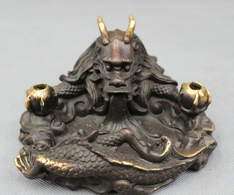 

Folk Chinese Pure Bronze Gilt FengShui Wealth Myth Dragon Head Statue Ashtray
