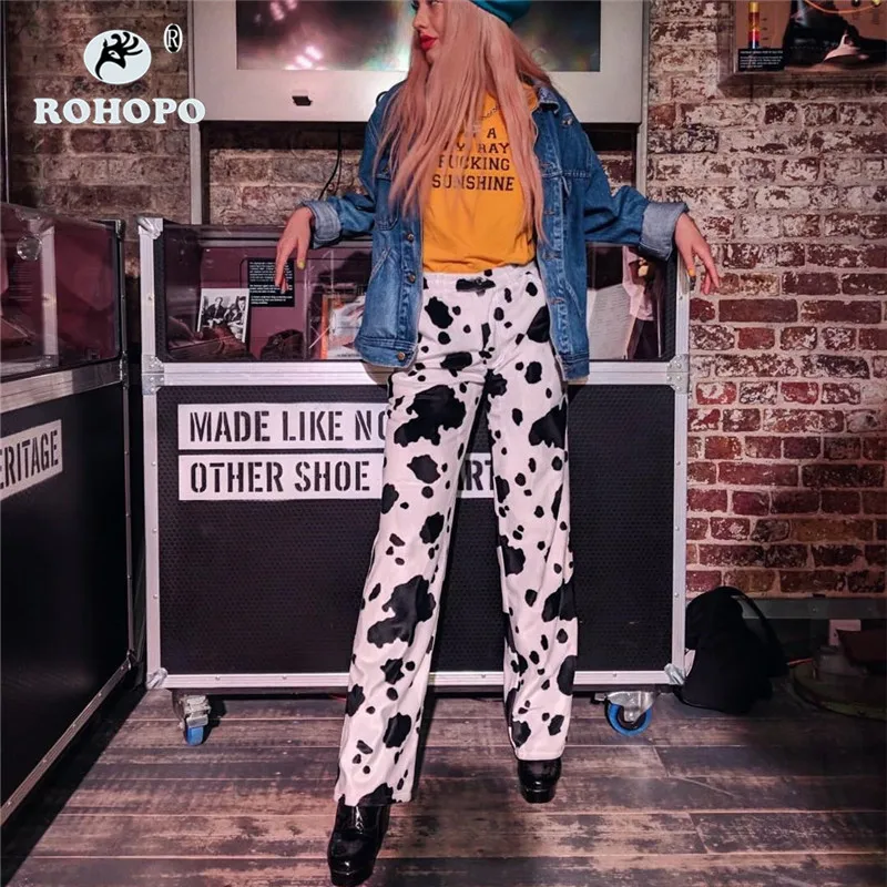 

ROHOPO Women Straight Pant Runway Fashion Cow Pattern Casual Pant Full Length Office Ladies High Waist Print Bottom #HP3636W11
