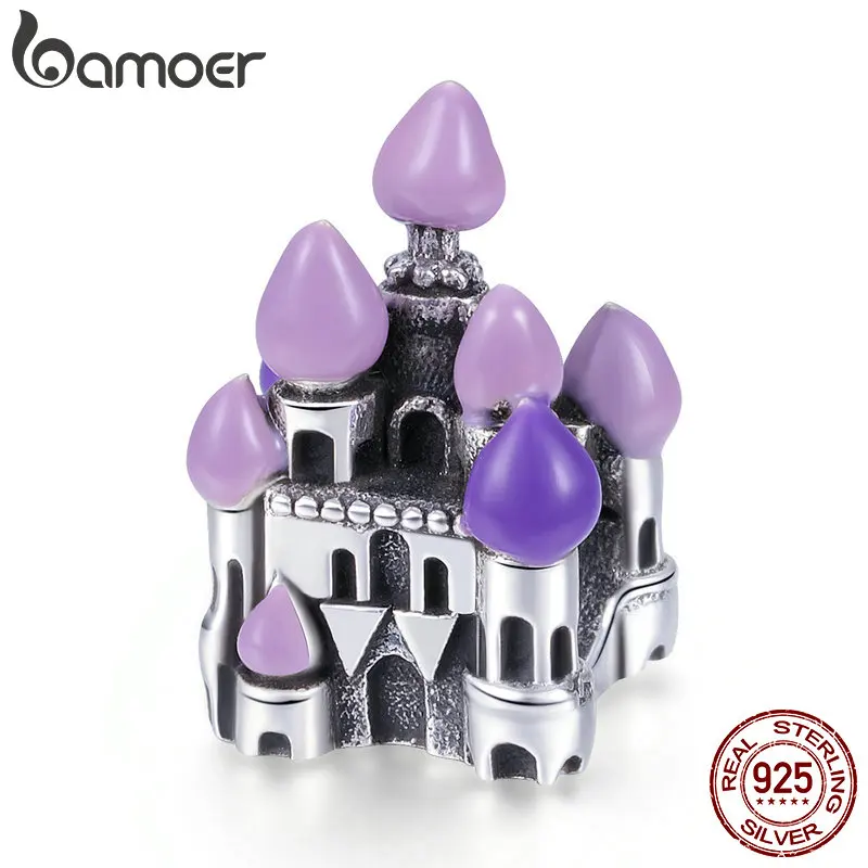 BAMOER 100% 925 пробы серебро Fantasy Castle принцесса любовь фиалетовая Эмаль Бусины браслет