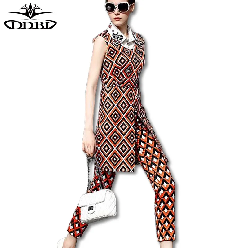 

Diamonds embellishement turn down collar geometry diamonds print front open top and skinny long pants high quality sets T160225