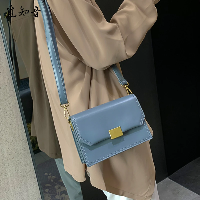 

Fashion Satchel Handbag Crossbody Bag Women Smoky Blue 2019 Pure Retro Korea Wide Shoulder Strap Small Square Bags Can Dropship