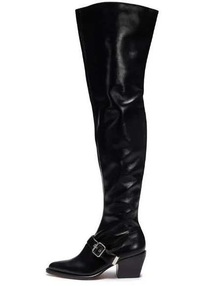 

Winter New Fashion Women Solid Black Pointed Toe Buckle Rough Heels Zip Side Over The Knee Slim Thigh Martin Long Leather Boots