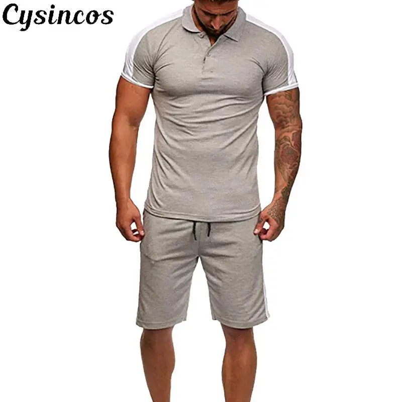 

CYSINCOS 2019 Two Pieces Set Men Casual Short Sleeve T-Shirt Shorts Men's Tracksuits Summer Sportswear Fitness Tops Short Pants