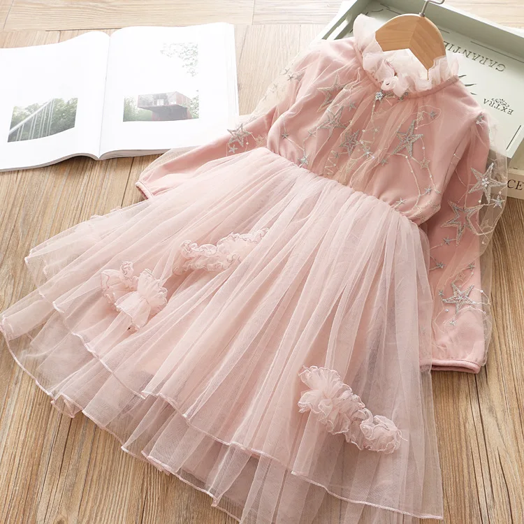 

2019 Autumn Children's Wear Girls Princess Lace Collar Star Embroidered Dress