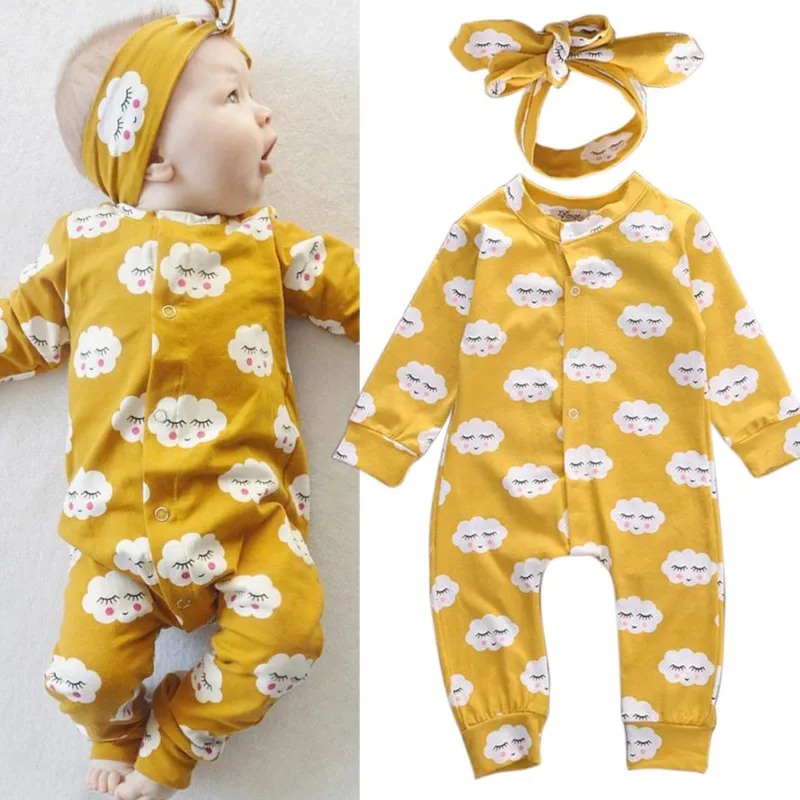 

2pcs/Set Autumn Newborn Romper Infant Baby Boy Girl Long Sleeve Cotton Romper Button Jumpsuit Cute Headband Clothes Outfit