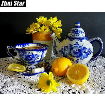 

Zhui Star Full Square Diamond 5D DIY Diamond Painting "Lemon tea pot flower" 3D Embroidery Cross Stitch Mosaic Painting Decor BK