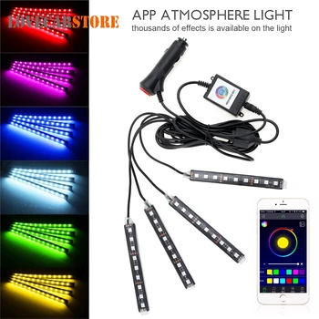 

4pcs Bluetooth Android IOS Phone Control Auto Car Interior RGB Strip Light Flexible Atmosphere Decoration Kit Foot Lamp