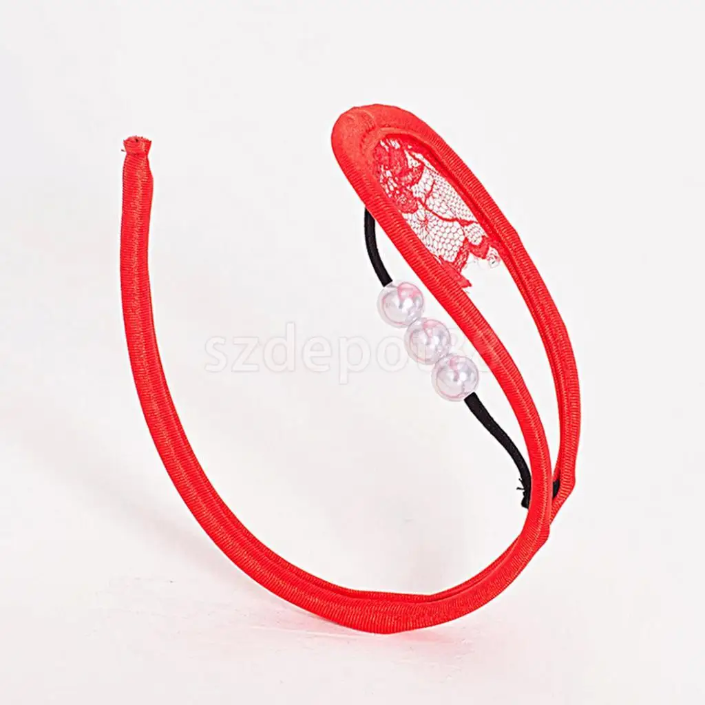 Women's Sexy Sheer Lace Pearls C String Thong Invisible Underwear Panties Red / Black